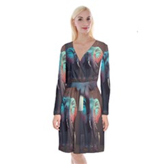 Ai Generated Elephant Tusks Trunk Wildlife Africa Long Sleeve Velvet Front Wrap Dress