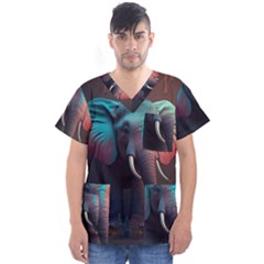 Ai Generated Elephant Tusks Trunk Wildlife Africa Men s V-Neck Scrub Top