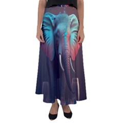 Ai Generated Elephant Tusks Trunk Wildlife Africa Flared Maxi Skirt by danenraven