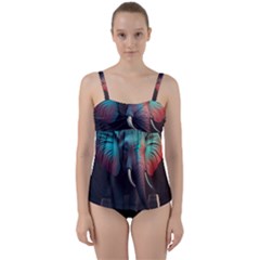 Ai Generated Elephant Tusks Trunk Wildlife Africa Twist Front Tankini Set