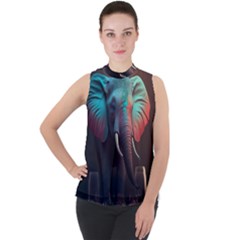 Ai Generated Elephant Tusks Trunk Wildlife Africa Mock Neck Chiffon Sleeveless Top