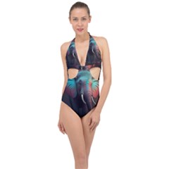 Ai Generated Elephant Tusks Trunk Wildlife Africa Halter Front Plunge Swimsuit