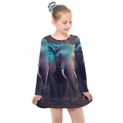 Ai Generated Elephant Tusks Trunk Wildlife Africa Kids  Long Sleeve Dress