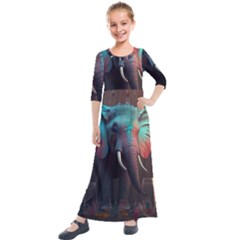 Ai Generated Elephant Tusks Trunk Wildlife Africa Kids  Quarter Sleeve Maxi Dress