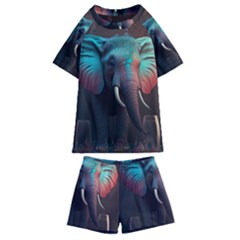 Ai Generated Elephant Tusks Trunk Wildlife Africa Kids  Swim Tee and Shorts Set