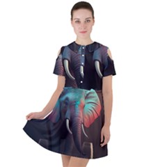 Ai Generated Elephant Tusks Trunk Wildlife Africa Short Sleeve Shoulder Cut Out Dress 