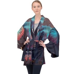 Ai Generated Elephant Tusks Trunk Wildlife Africa Long Sleeve Velvet Kimono 