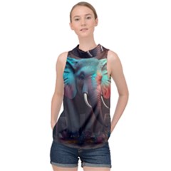 Ai Generated Elephant Tusks Trunk Wildlife Africa High Neck Satin Top