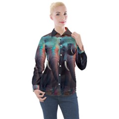 Ai Generated Elephant Tusks Trunk Wildlife Africa Women s Long Sleeve Pocket Shirt