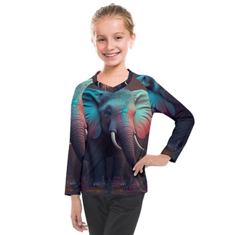 Ai Generated Elephant Tusks Trunk Wildlife Africa Kids  Long Mesh Tee by danenraven