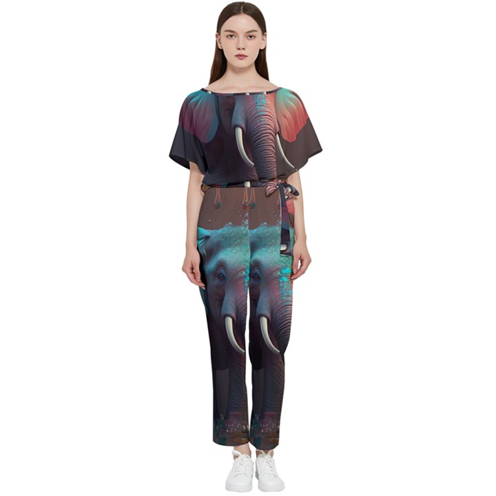 Ai Generated Elephant Tusks Trunk Wildlife Africa Batwing Lightweight Chiffon Jumpsuit