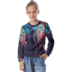 Ai Generated Elephant Tusks Trunk Wildlife Africa Kids  Long Sleeve Tee with Frill 