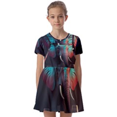 Ai Generated Elephant Tusks Trunk Wildlife Africa Kids  Short Sleeve Pinafore Style Dress