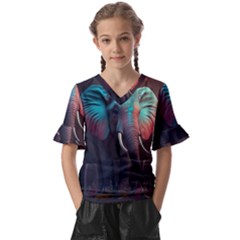 Ai Generated Elephant Tusks Trunk Wildlife Africa Kids  V-Neck Horn Sleeve Blouse