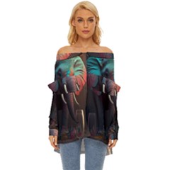 Ai Generated Elephant Tusks Trunk Wildlife Africa Off Shoulder Chiffon Pocket Shirt