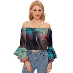 Ai Generated Elephant Tusks Trunk Wildlife Africa Off Shoulder Flutter Bell Sleeve Top