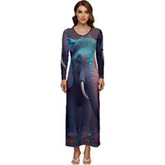 Ai Generated Elephant Tusks Trunk Wildlife Africa Long Sleeve Longline Maxi Dress