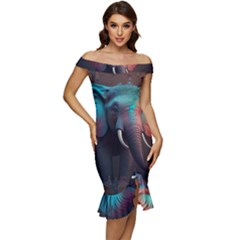 Ai Generated Elephant Tusks Trunk Wildlife Africa Off Shoulder Ruffle Split Hem Bodycon Dress