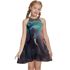 Ai Generated Elephant Tusks Trunk Wildlife Africa Kids  Halter Collar Waist Tie Chiffon Dress