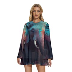 Ai Generated Elephant Tusks Trunk Wildlife Africa Round Neck Long Sleeve Bohemian Style Chiffon Mini Dress