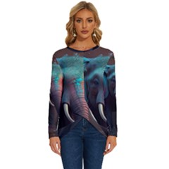 Ai Generated Elephant Tusks Trunk Wildlife Africa Long Sleeve Crew Neck Pullover Top