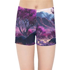 Landscape Landscape Painting Purple Purple Trees Kids  Sports Shorts by danenraven