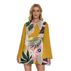 Floral Plants Jungle Polka 1 Round Neck Long Sleeve Bohemian Style Chiffon Mini Dress