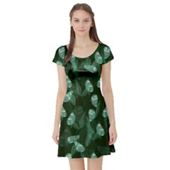 Plants Leaves Flowers Pattern Short Sleeve Skater Dress