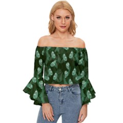 Plants Leaves Flowers Pattern Off Shoulder Flutter Bell Sleeve Top by Ravend