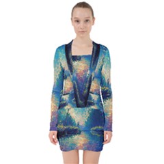 Oil Painting Night Scenery Fantasy V-neck Bodycon Long Sleeve Dress by Ravend