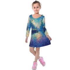 Oil Painting Night Scenery Fantasy Kids  Long Sleeve Velvet Dress by Ravend