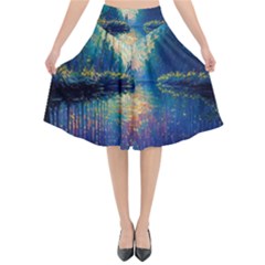 Oil Painting Night Scenery Fantasy Flared Midi Skirt