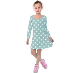 Light Blue And White Polka Dots Kids  Long Sleeve Velvet Dress by GardenOfOphir