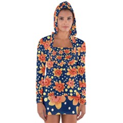 Flowers and Polka Dots Watercolor Long Sleeve Hooded T-shirt