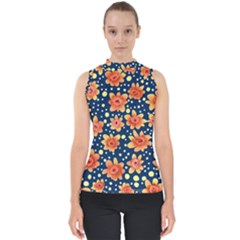 Flowers and Polka Dots Watercolor Mock Neck Shell Top