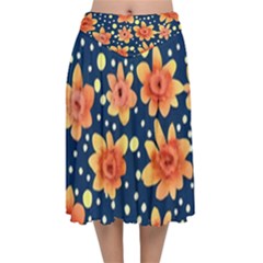 Flowers And Polka Dots Watercolor Velvet Flared Midi Skirt by GardenOfOphir
