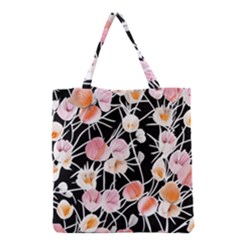 Boho Black Pink Flowers Watercolor Vi Grocery Tote Bag by GardenOfOphir