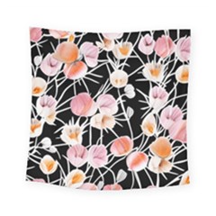 Boho Black Pink Flowers Watercolor Vi Square Tapestry (small) by GardenOfOphir