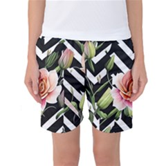 Black Chevron Peach Lilies Women s Basketball Shorts by GardenOfOphir