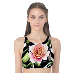 Black Chevron Peach Lilies Tank Bikini Top by GardenOfOphir