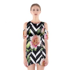 Black Chevron Peach Lilies Shoulder Cutout One Piece Dress by GardenOfOphir