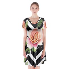 Black Chevron Peach Lilies Short Sleeve V-neck Flare Dress by GardenOfOphir