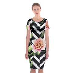 Black Chevron Peach Lilies Classic Short Sleeve Midi Dress