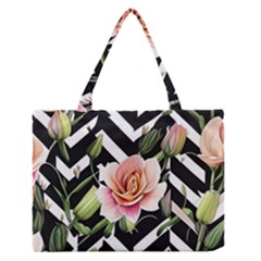 Black Chevron Peach Lilies Zipper Medium Tote Bag by GardenOfOphir