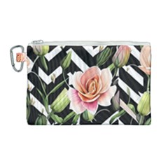 Black Chevron Peach Lilies Canvas Cosmetic Bag (large) by GardenOfOphir