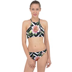 Black Chevron Peach Lilies Racer Front Bikini Set by GardenOfOphir