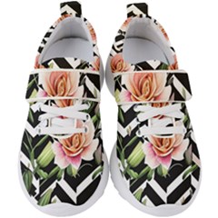 Black Chevron Peach Lilies Kids  Velcro Strap Shoes by GardenOfOphir