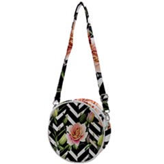 Black Chevron Peach Lilies Crossbody Circle Bag by GardenOfOphir