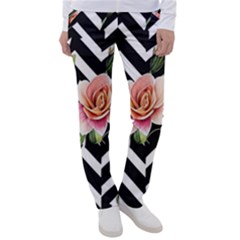 Black Chevron Peach Lilies Women s Casual Pants by GardenOfOphir