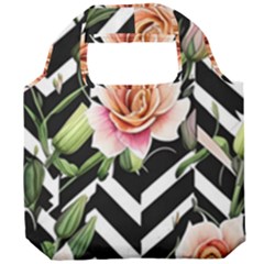 Black Chevron Peach Lilies Foldable Grocery Recycle Bag by GardenOfOphir